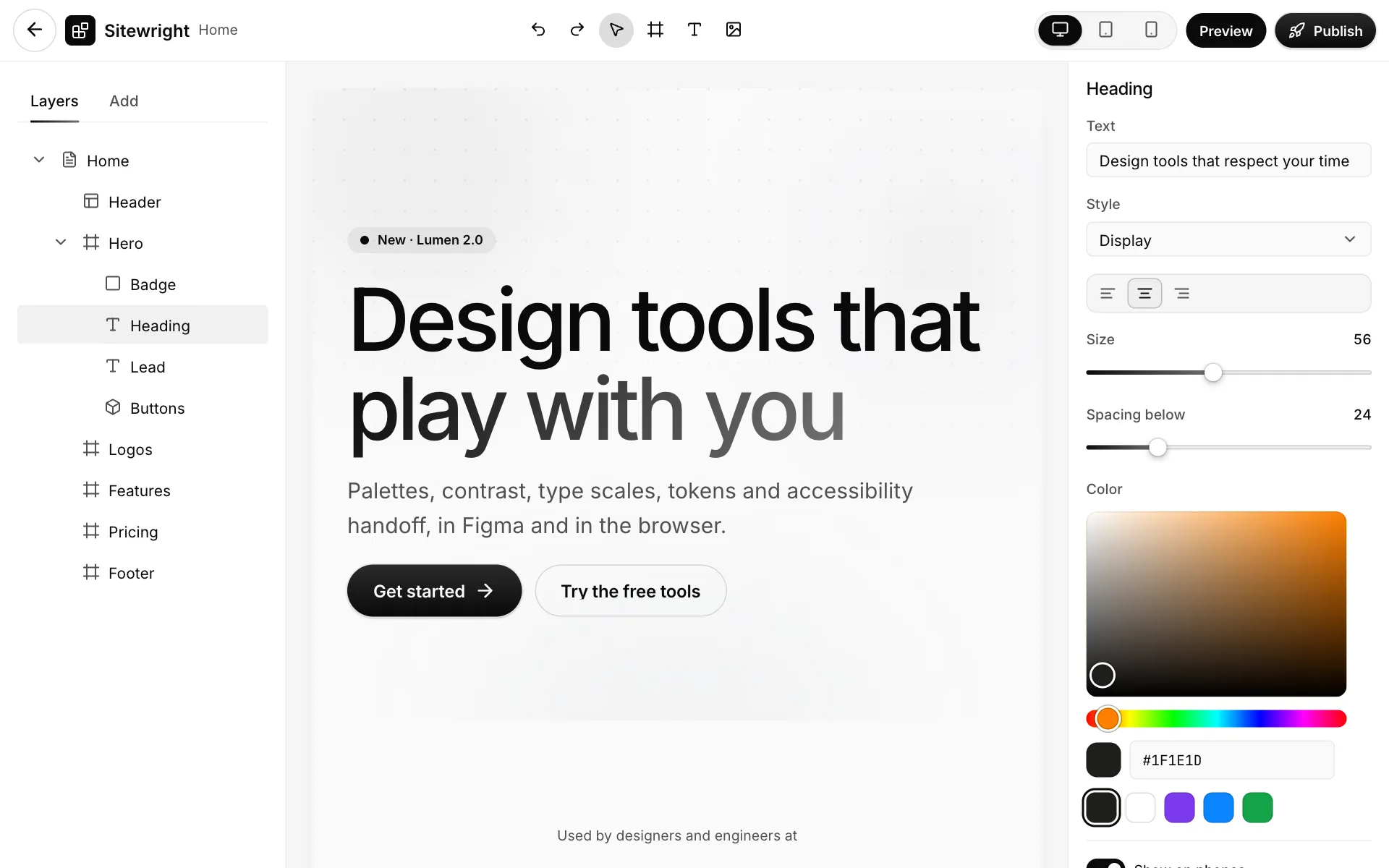 Sitewright: Editor. Layers, a canvas at three widths and the inspector